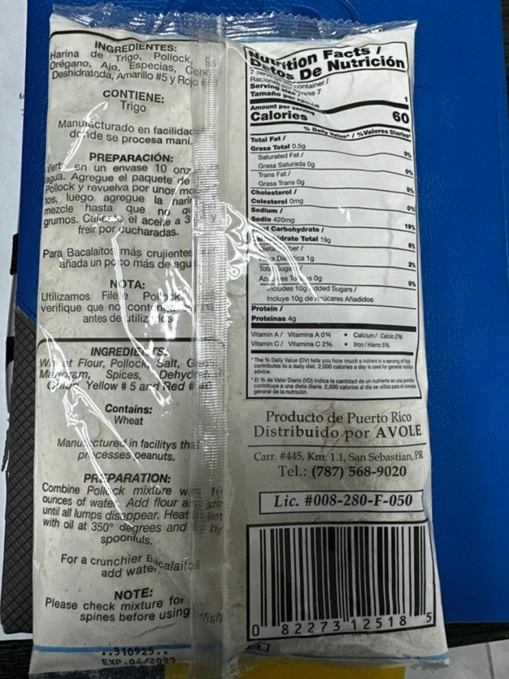 Bacalaitos Criollos Seafood — recalled seafood (photo 2)