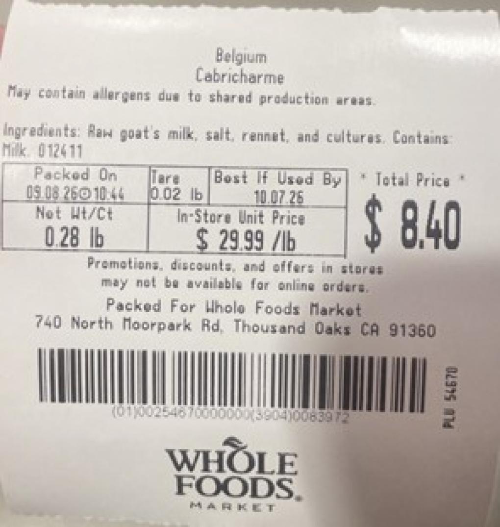 Whole Foods Market Dairy — recalled dairy